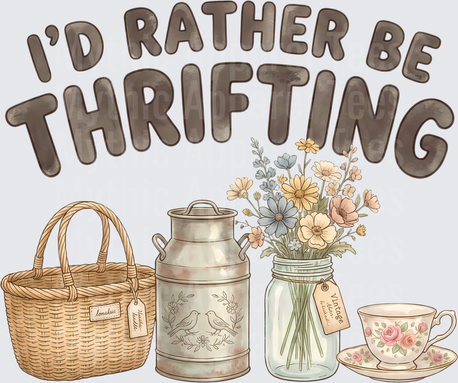 I'd Rather Be Thrifting Vintage Style Design with Basket Milk Can Mason Jar and Floral Teacup