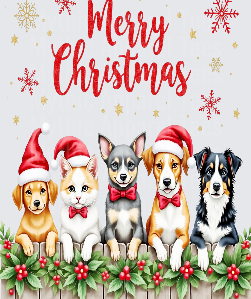 Merry Christmas Santa Hat Dogs and Cat Peeking Over Fence with Holly Berries and Snowflakes