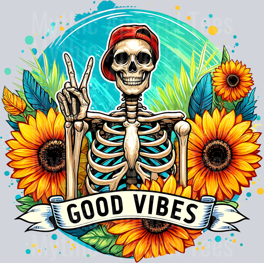Good Vibes splash with Skeleton DTF Skull Transfers