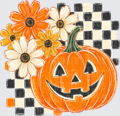 Fall Designs Smiling Jack-O-Lantern with Orange Yellow and Cream Daisies on Black and White Checkerboard Background