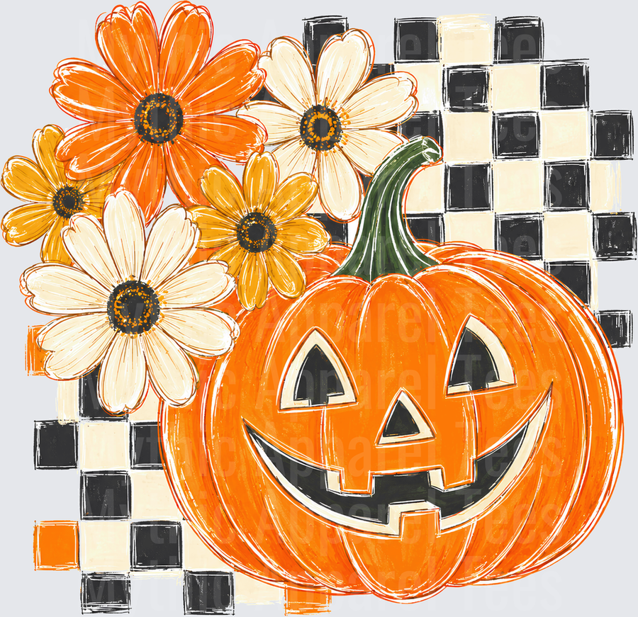 Fall Designs Smiling Jack-O-Lantern with Orange Yellow and Cream Daisies on Black and White Checkerboard Background