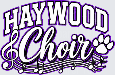 Haywood Choir Purple and White Script Design with Treble Clef Music Notes and Paw Print