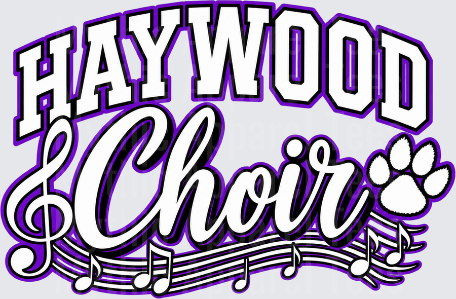 Haywood Choir Purple and White Script Design with Treble Clef Music Notes and Paw Print