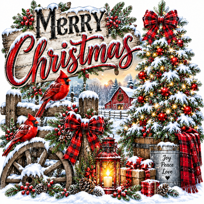 Christmas Merry Christmas Rustic Farmhouse Cardinal Birds Buffalo Plaid Snowy Barn Scene with Glowing Lantern Joy Peace Love