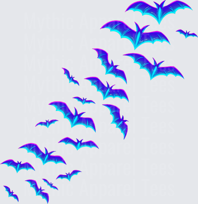 Halloween Neon Purple and Cyan Glowing Bat Swarm Flying in Diagonal Formation