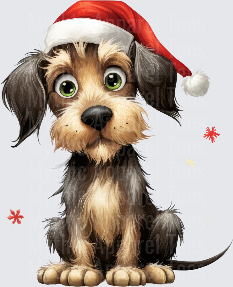 Cute Wirehaired Dachshund Puppy Big Green Eyes Santa Hat Christmas Snowflakes