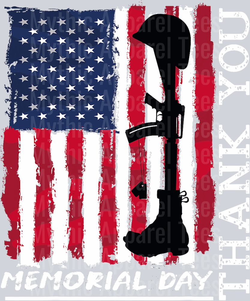 Memorial Day Thank you American Flag with boot rifle helmet DTF Memorial Day Transfers