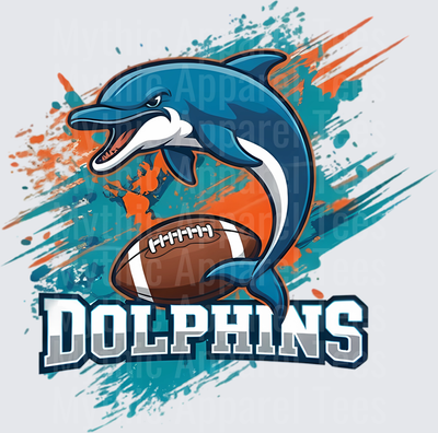 Fierce Dolphins Mascot Leaping Over Football Teal Orange Brush Stroke Splatter Dolphins Bold Text