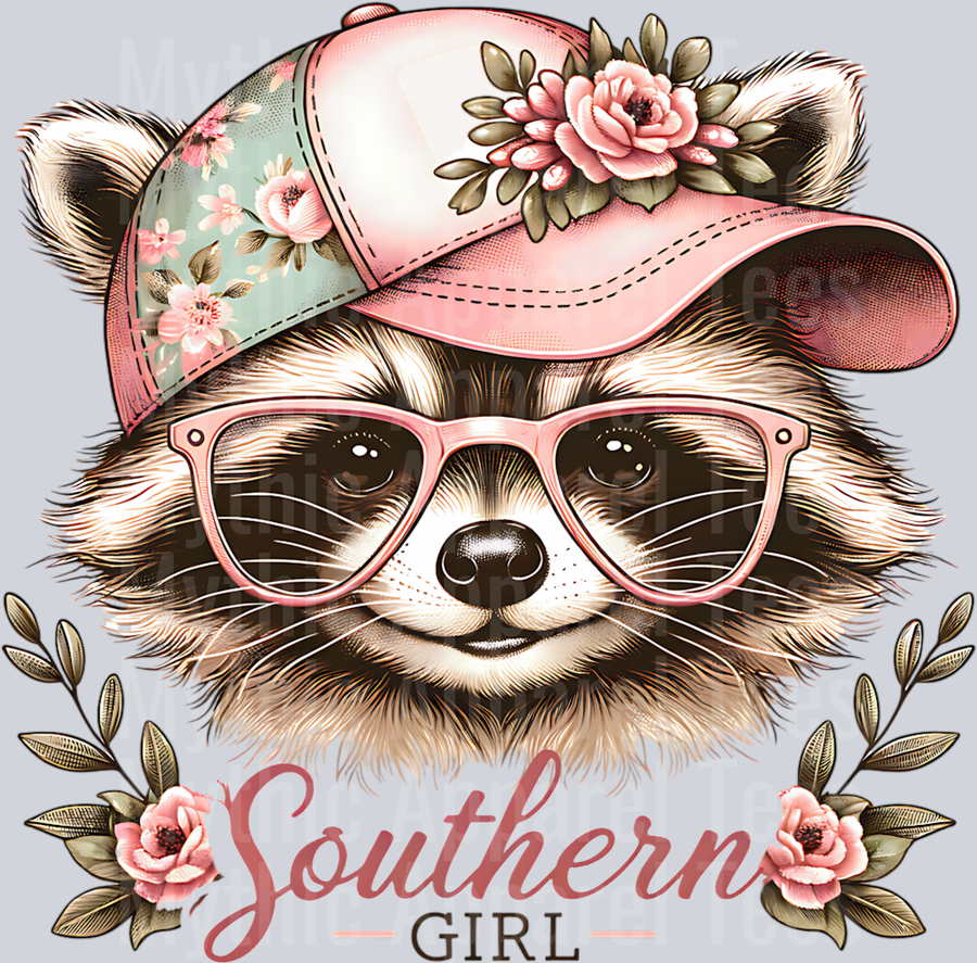 southern girl Raccoon with Hat and Flowers DTF Southern Transfers