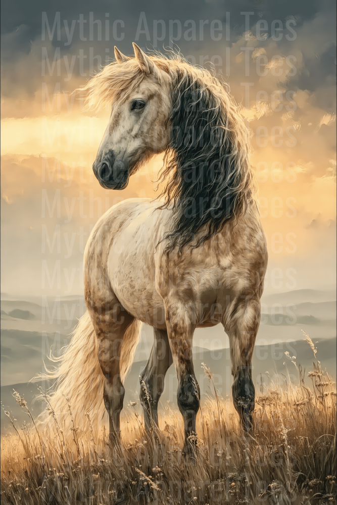Majestic Dapple Gray Stallion with Dark Flowing Mane Standing in Golden Meadow at Sunset