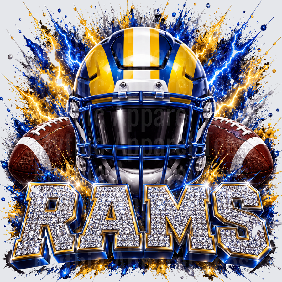 Rhinestone Style NFL Rams Blue and Gold Football Helmet with Lightning Explosion and Diamond Encrusted RAMS Text