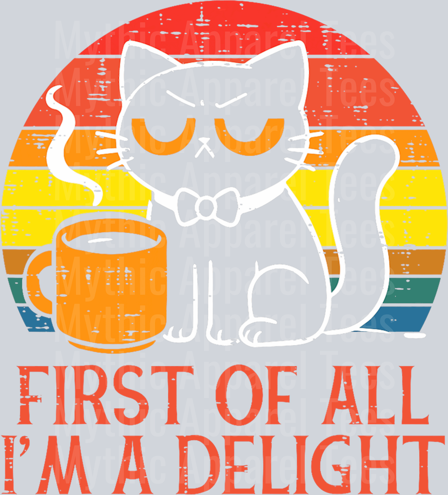 First of all Im a delight cat design with coffee and retro style colors  DTF Coffee Transfers