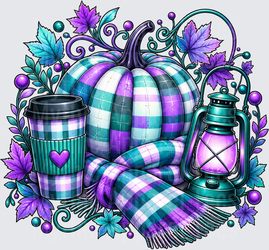 Pumpkin Teal and Purple Plaid Fall Cozy Scene with Coffee Cup Lantern and Scarf Autumn Harvest Design