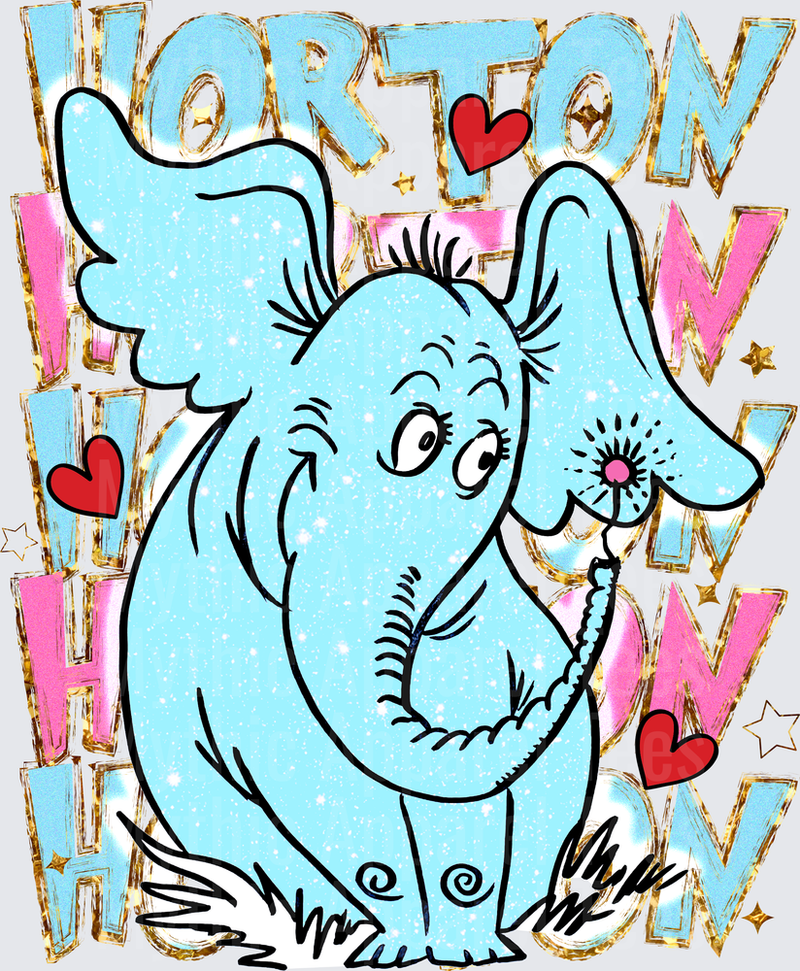 Horton Hears a Who Glitter Blue Elephant Holding Clover Flower with Hearts and Gold Letter Typography