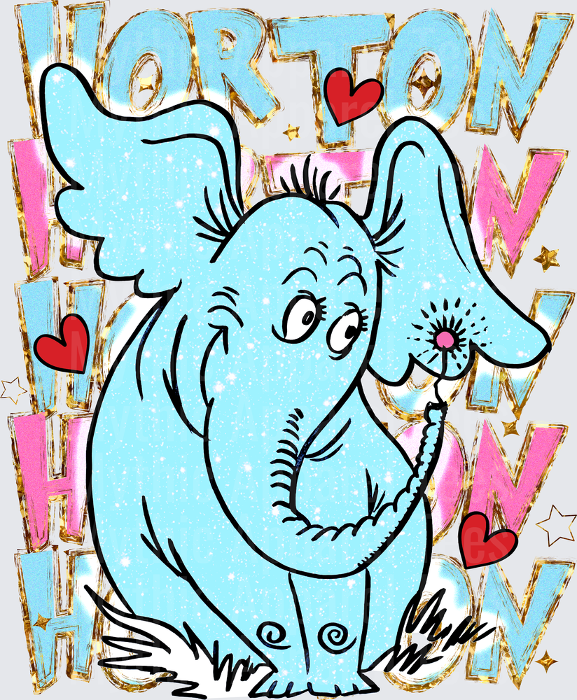 Horton Hears a Who Glitter Blue Elephant Holding Clover Flower with Hearts and Gold Letter Typography