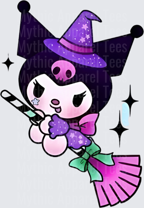 Kuromi Halloween Witch Flying Broom Purple Sparkle Stars Sanrio