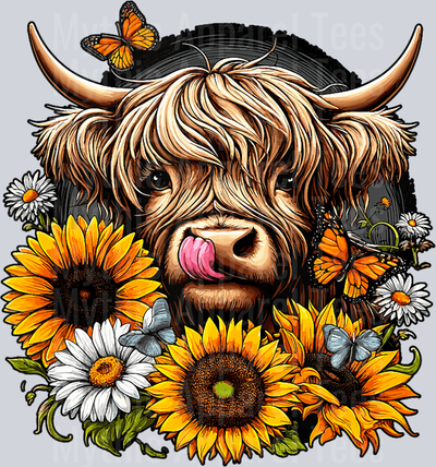 Precious Highland Cow with yellow and white flowers DTF Highland Cow Transfers