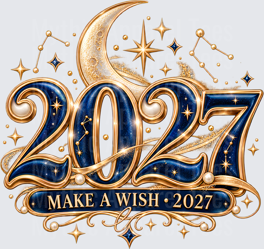 Make A Wish 2027 Navy Blue and Gold Celestial New Year Crescent Moon Stars Constellation Design