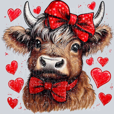 Highland Cow Distressed Red bow with hearts Style Combo Valentines Day Design