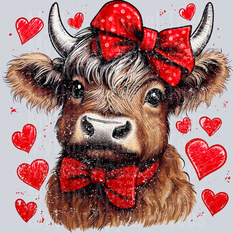 Highland Cow Distressed Red bow with hearts Style Combo Valentines Day Design