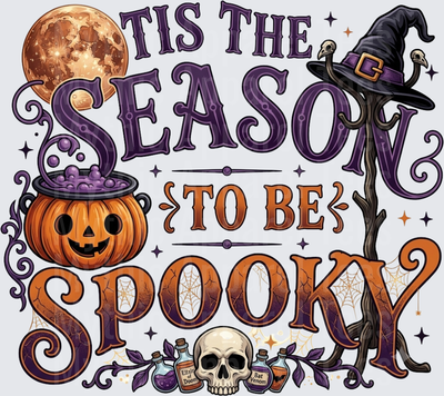 Tis The Season To Be Spooky Halloween Typography with Jack-o-Lantern Cauldron Witch Hat Full Moon Skull and Potion Bottles
