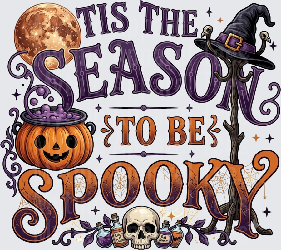 Tis The Season To Be Spooky Halloween Typography with Jack-o-Lantern Cauldron Witch Hat Full Moon Skull and Potion Bottles