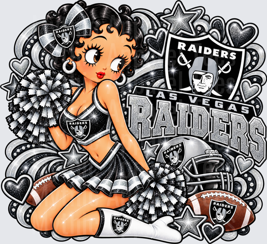 Betty Boop Las Vegas Raiders Cheerleader with Pom Poms Glitter Black and Silver NFL Fan Design