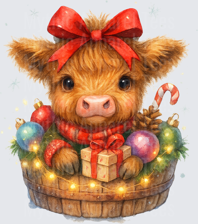 Highland Christmas Cow Baby Calf in Festive Barrel with Bow