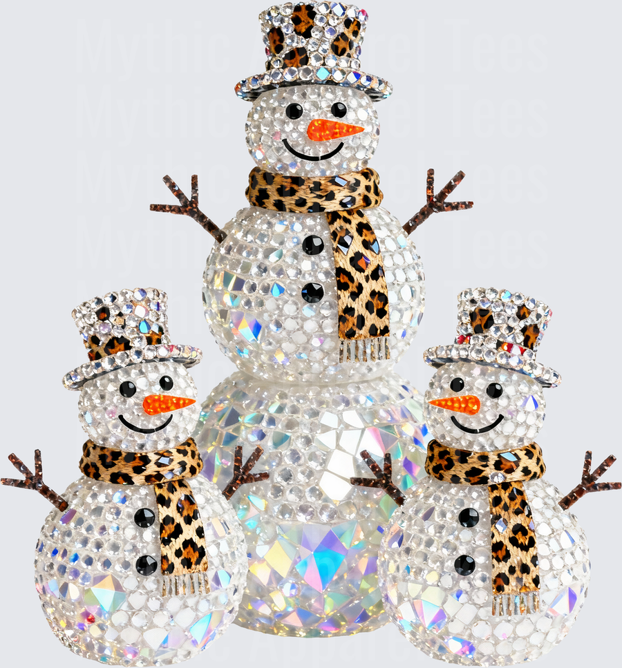 Pro Christmas Rhinestone Crystal Snowman Family with Leopard Print Scarves and Top Hats
