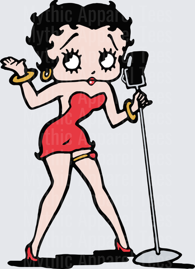 Betty Boop Singing in Red Dress with Vintage Microphone Stand Gold Bracelets and Hoop Earrings
