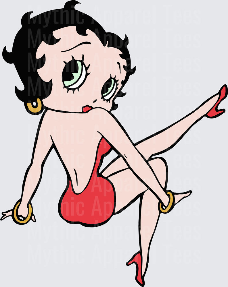 Betty Boop Sitting Pose Red Dress Gold Hoop Earrings Classic Cartoon Pin-Up