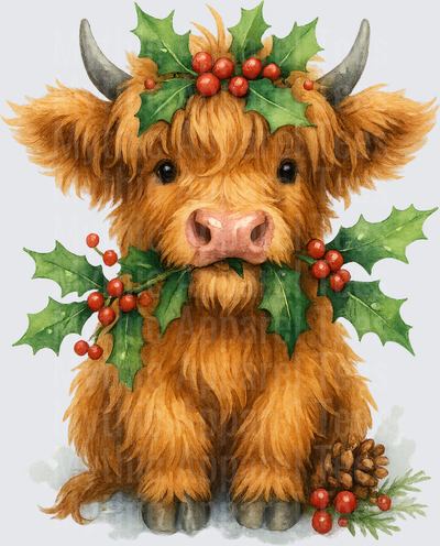 Highland Christmas Cow Baby Calf Holly Berries Pine Cone