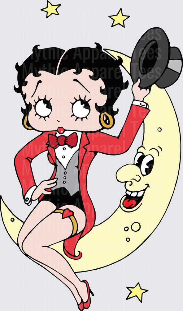 Betty Boop Tuxedo Red Jacket Bow Tie Sitting on Smiling Crescent Moon with Stars