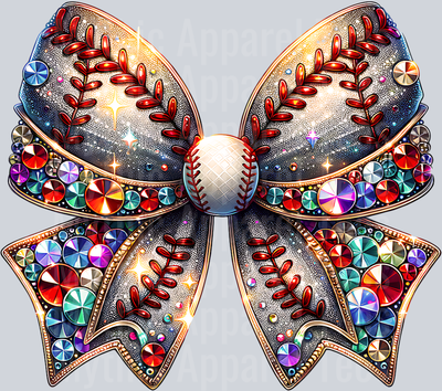 Baseball Glitter Coquette Bow Heavy chunk glitter with ribbon and stiches DTF Baseball Transfers