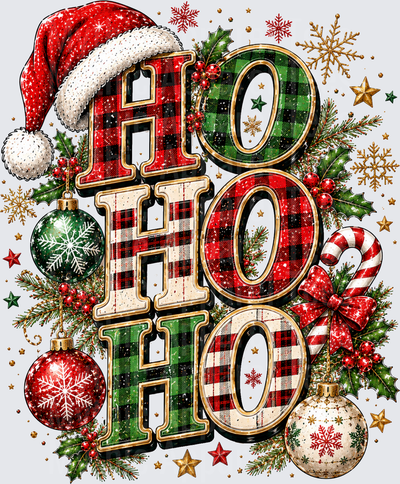 Ho Ho Ho Buffalo Plaid Christmas Santa Hat Holly Ornaments Snowflakes Gold Stars Holiday Design