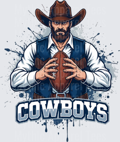 Cowboys Bearded Cowboy Holding Football With Navy Blue Paint Splatter Background
