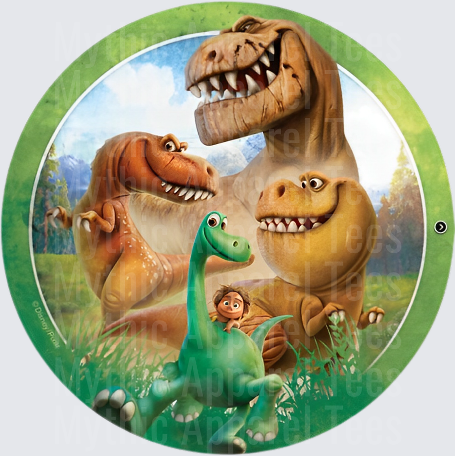 The Good Dinosaur Arlo Spot and T-Rex Family Circle Group Portrait Green Round Badge Design