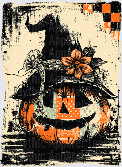 Distressed Halloween Jack-O-Lantern Wearing Floral Witch Hat with Grunge Vintage Orange and Black Retro Patchwork Design