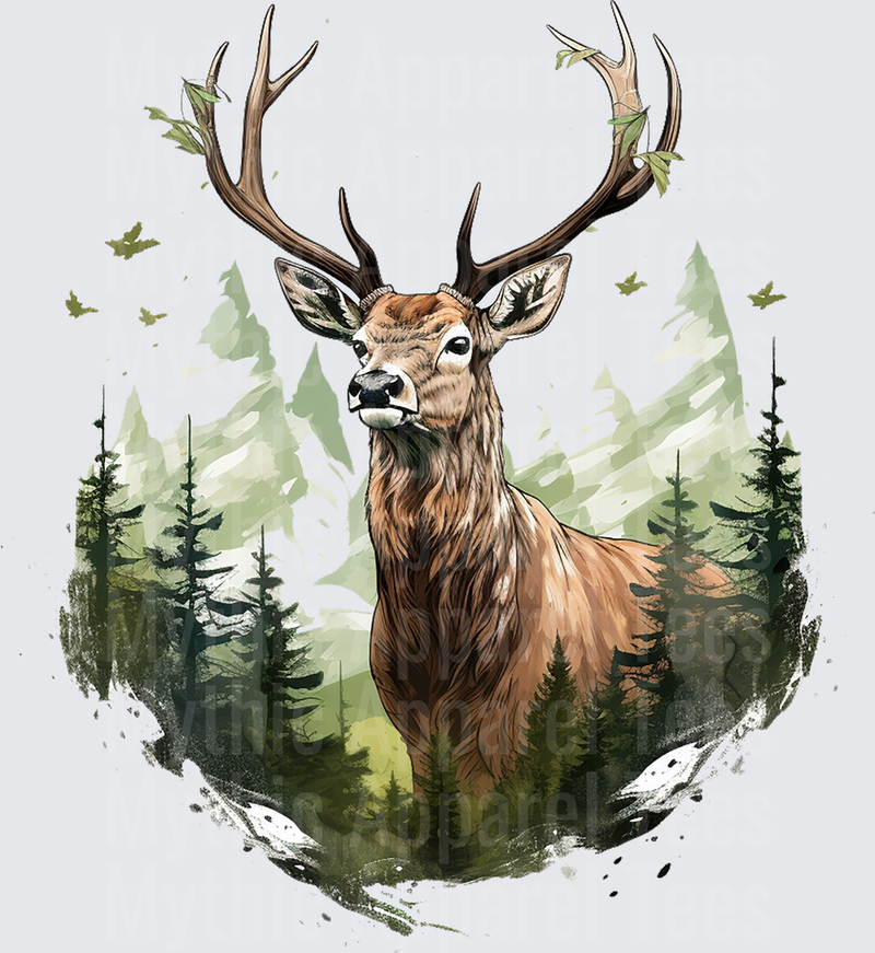 Majestic Bull Elk With Large Antlers Double Exposure Pine Forest Mountain Wilderness Scene