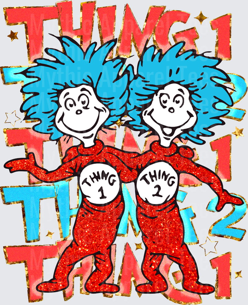 Thing 1 and Thing 2 Glitter Bold Text Duo Wild Blue Hair Red Jumpsuits Stars Layered Graphic