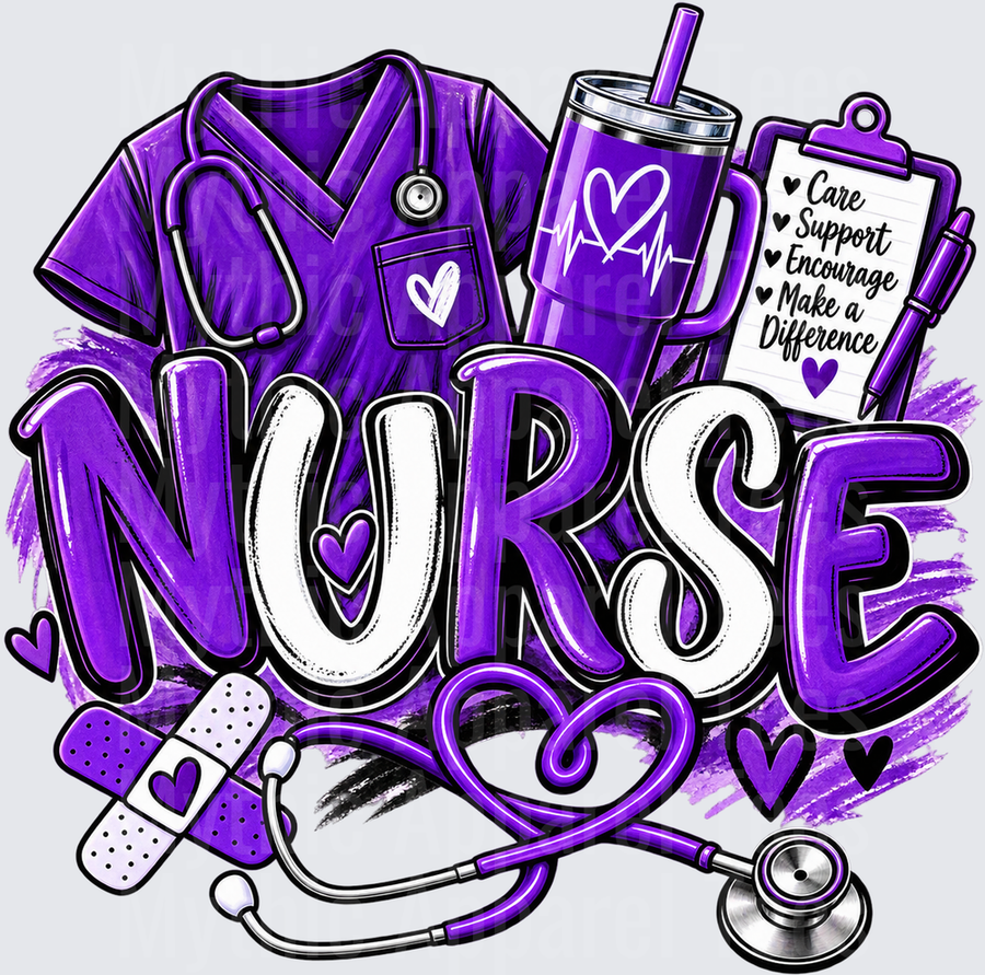 Nurse in Purple Bold Lettering with Scrubs Stethoscope Tumbler Clipboard Bandage and Care Support Encourage Make a Difference Hearts Design