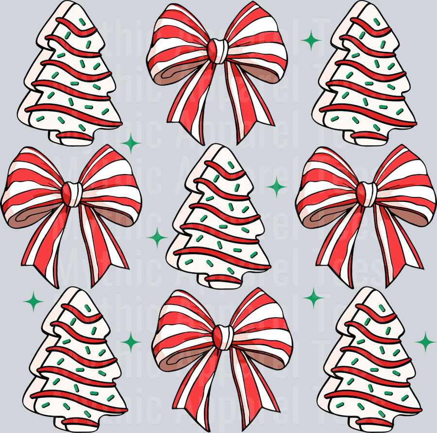 Little Debbie Cake with Christmas Trees and Candy Cane Ribbons DTF Christmas Transfers