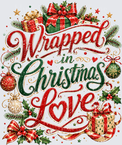 Wrapped in Christmas Love Holiday Script with Ornaments Gifts Holly and Bows