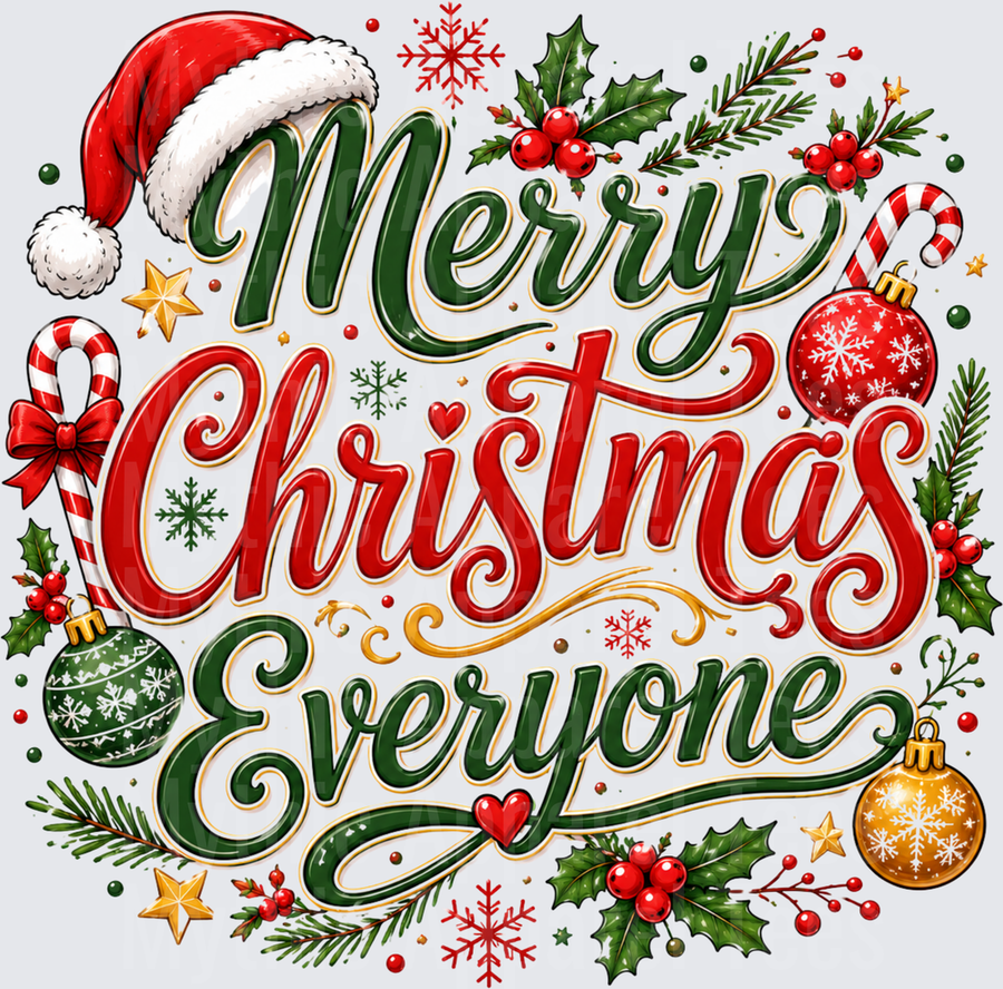 Merry Christmas Everyone Festive Script with Santa Hat Holly Ornaments and Candy Canes Red Green Holiday Typography