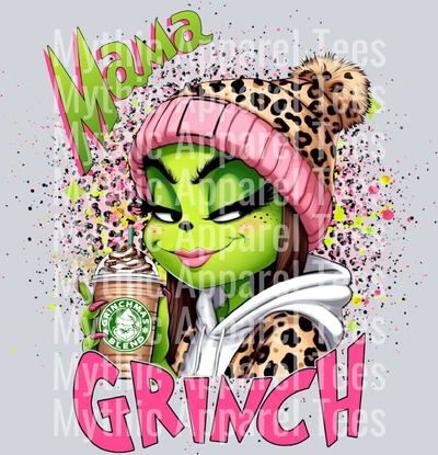 Mama Grinch Pink Cheetah Hat and Coffee