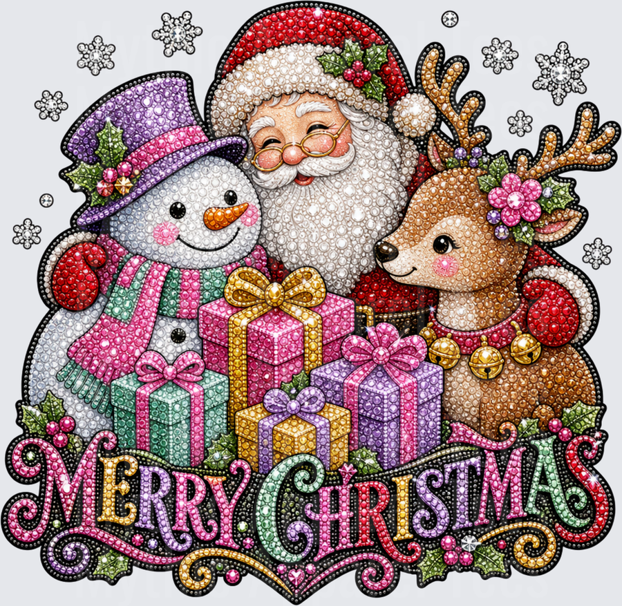 Pro Christmas Rhinestone Diamond Art Santa Claus Snowman and Reindeer with Colorful Gift Boxes Merry Christmas Jewel Embellished Holiday Design