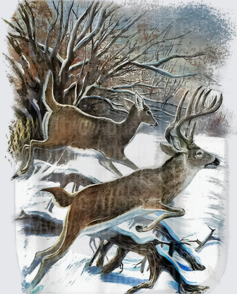 Whitetail Buck and Doe Running Through Snowy Winter Woods