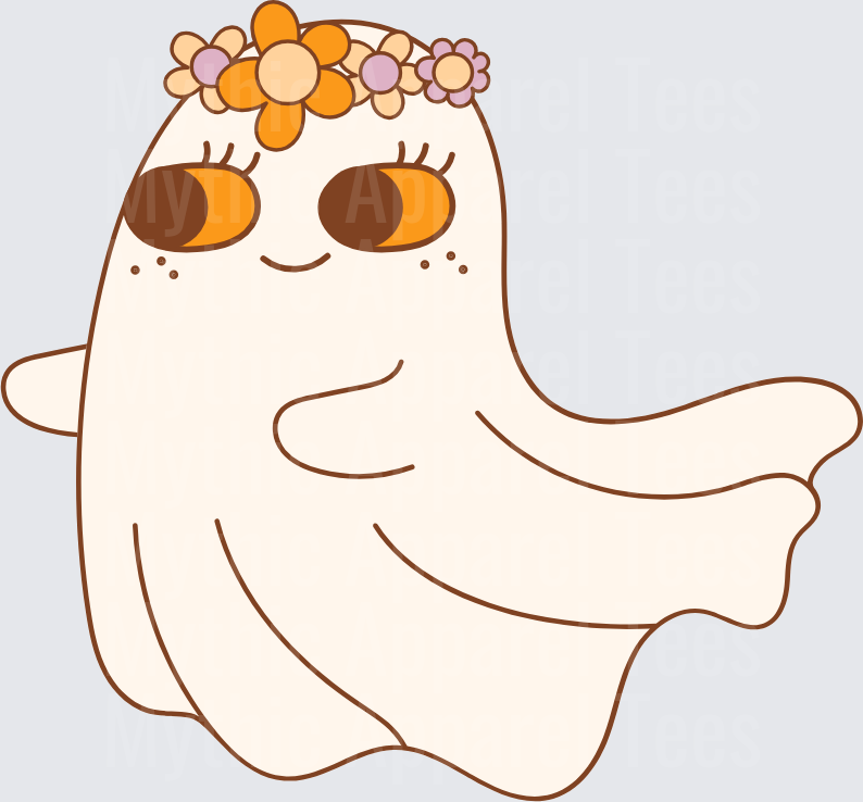 Cute Boho Ghost with Retro Flower Crown and Big Orange Eyes Groovy Halloween