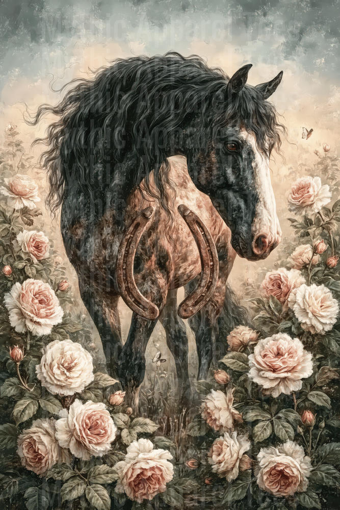 Dark Dapple Horse with Flowing Black Mane Rustic Horseshoes and Blush Pink Roses Vintage Botanical