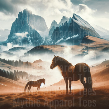 Two Chestnut Horses Grazing on Misty Alpine Meadow with Dramatic Dolomite Mountain Peaks